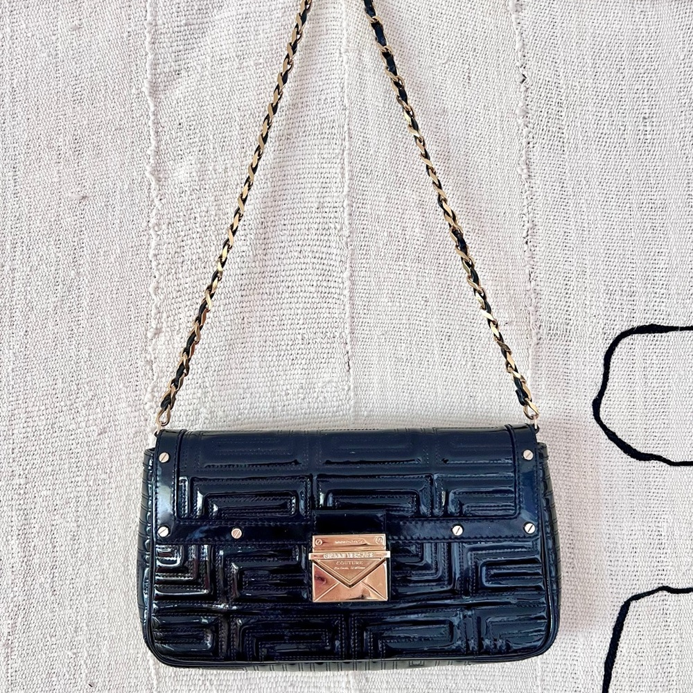 Black Versace Patent Clutch with gold metal clasp - Picture 2 of 10